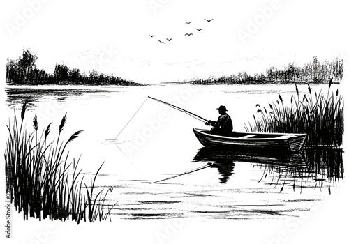Lone angler in a rowboat casts a line into a serene lake surrounded by reeds and trees