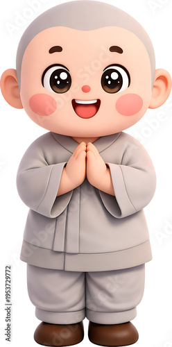 Cute 3D Buddha’s Birthday Illustration with Young Monk, Buddha Statue and Lotus Flower