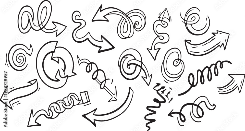 Fototapeta premium A collection of hand-drawn arrows and swirls on a white background