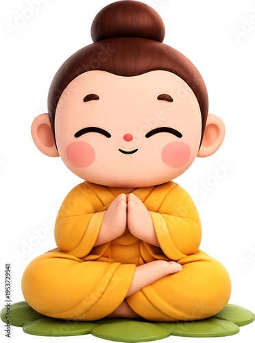 Cute 3D Buddha’s Birthday Illustration with Young Monk, Buddha Statue and Lotus Flower