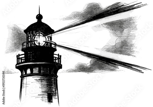 Dramatic black and white sketch of a lighthouse beam cutting through cloudy skies