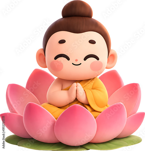 Cute 3D Buddha’s Birthday Illustration with Young Monk, Buddha Statue and Lotus Flower