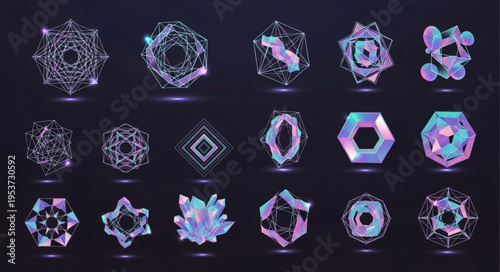 Collection of Holographic Geometric Shapes with Iridescent Effects.