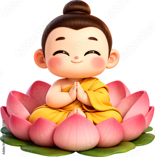 Cute 3D Buddha’s Birthday Illustration with Young Monk, Buddha Statue and Lotus Flower