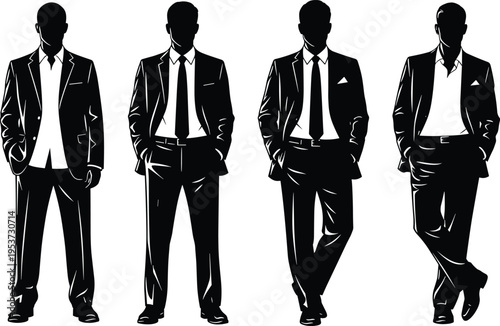 Silhouettes of professional businessmen in suits standing confidently, teamwork concept, leadership illustration, corporate office staff collaboration vector design artwork.