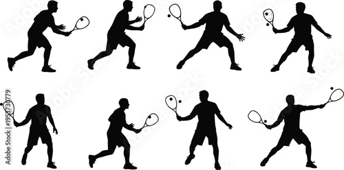 Silhouettes of tennis players in dynamic action poses with rackets and balls, symbolizing sport, energy, competition, training, and athletic teamwork.