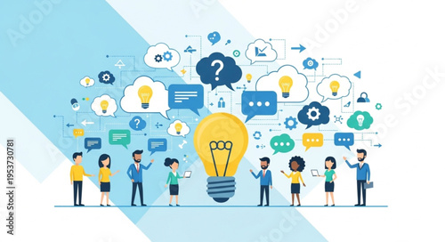 Brainstorming Session - Diverse Team Generating Innovative Ideas Around a Central Lightbulb.