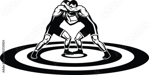 Stylized wrestling illustration of two athletes grappling on circular mat, showcasing combat sports, martial arts, competition, training, and athletic performance