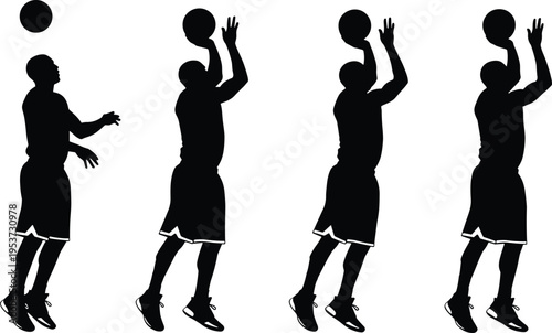 Vector illustration sequence showing basketball player performing jump shot motion with ball trajectory, sports training concept, athletic silhouette artwork design