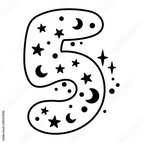Black Birthday Number Five Clipart. Fifth Birthday Doodle Design, Vector Graphic.