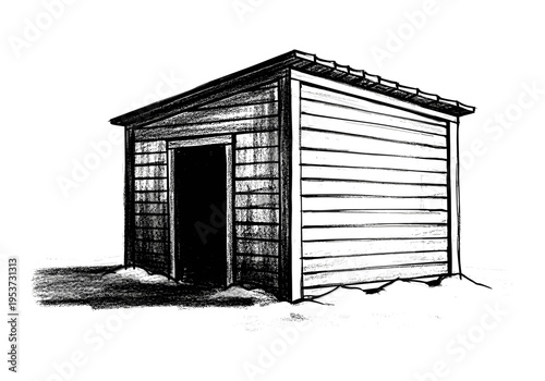 Hand-drawn sketch of a small wooden shed with an open door and a shadow on a white background