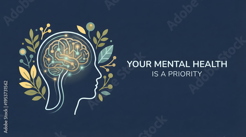 Abstract Human Profile with Brain Circuit and Mental Health Awareness Message