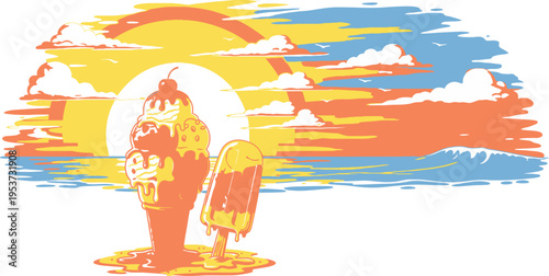 Colorful Beach Sunset Ice Cream Graphic Illustration
