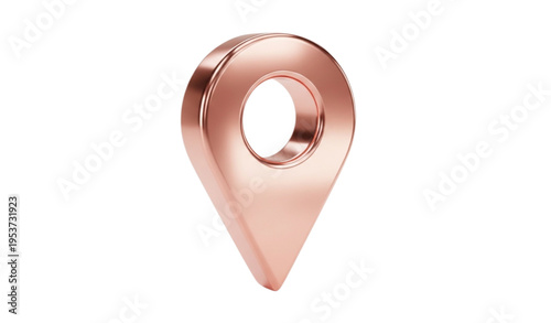 A shiny rose gold location pin icon on a white background