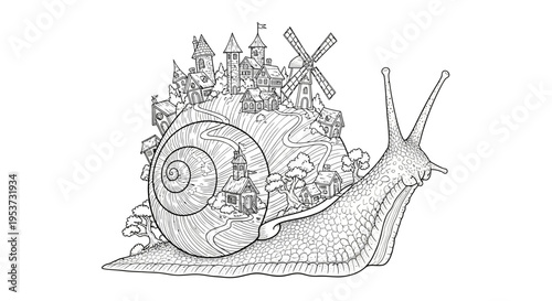 Whimsical Snail Carrying Tiny Cottage Homes on Its Spiraled Shell.