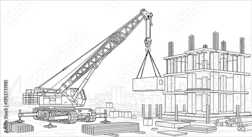 Construction Site with Crane and Building Framework Under Development.