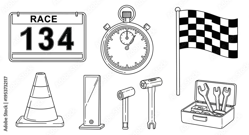 Fototapeta premium Black and white line drawings of race gear and workshop tools collection.