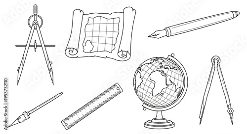 Array of drafting and educational tools including compass, ruler, protractor, globe and maps for study.