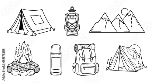 Iconic Camping Gear Scene Featuring Tents, Campfire, Lantern, and Backpack Icons.