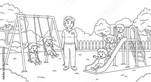 Children and adults enjoy a sunny day at the park playground with swings and slides.