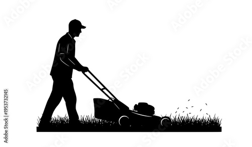 A silhouette of a man pushing a lawn mower in a vector graphic illustration