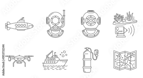 Collection of science and exploration icons including submarine, space helmet, rocket and related devices.