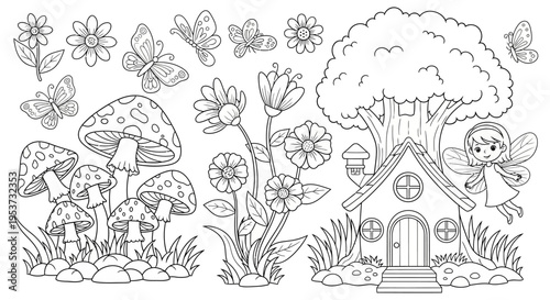 Whimsical forest scene with mushrooms, flowers, trees and a cozy cottage.