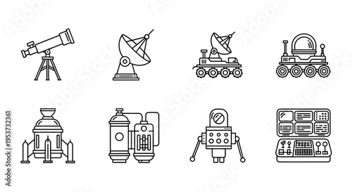 Collection of Space Exploration Equipment and Robotic Models.