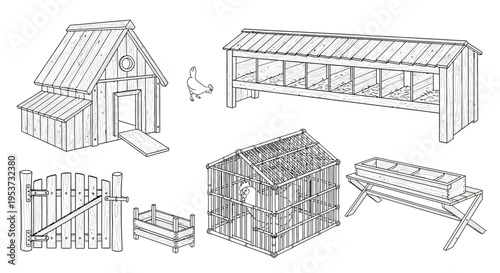 Collection of small animal enclosures including doghouse, coop, cage, and run structures.
