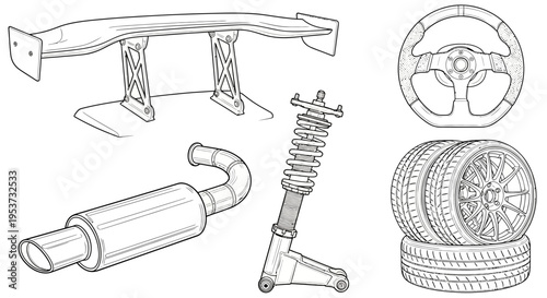 Collection of Automotive Parts Featuring Suspension, Exhaust, Wheel, and Steering Components.