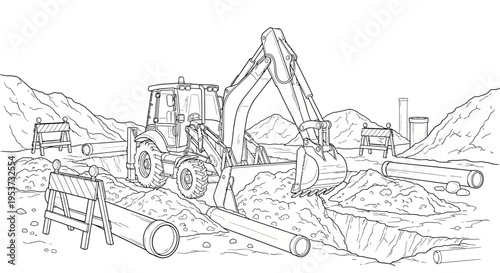 Industrial construction site with heavy machinery and active excavation projects underway.