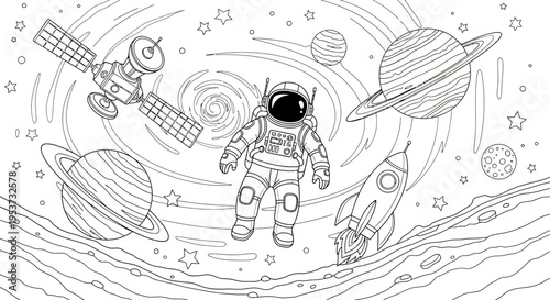 Doodle of an astronaut exploring space with planets, stars, and a rocket in a playful line drawing.
