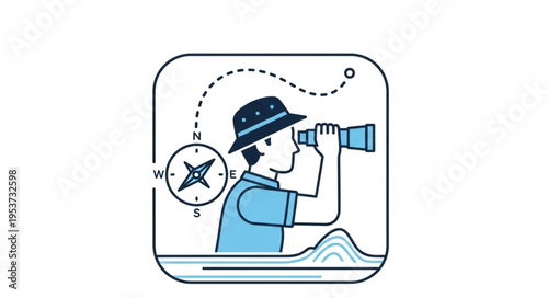 Adventurer with Binoculars Navigating with Compass and Route.