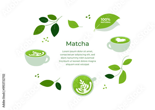 Design template with green matcha, text, branches of tea plant, leaves. Cup of healthy organic beverage matcha latte on white background. Vector illustration of Japanese drink for menu, poster, card