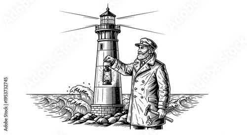 Rugged coastal scene with a lighthouse and a traveler on a windy rocky shore.