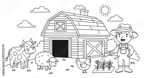 A cheerful farm scene featuring a barn, a smiling farmer, and a variety of animals including cows, sheep, and chickens in a sunny rural setting.