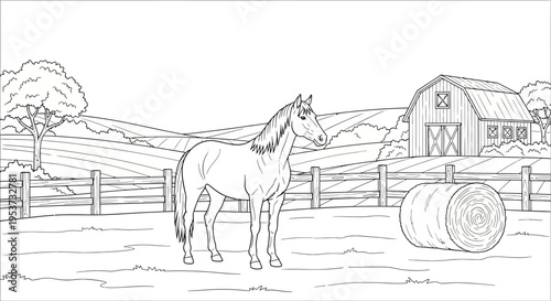 Serene rural farm scene with a horse beside a bale near a barn and fence across a grassy meadow.