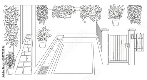 Architectural courtyard scene with a rectangular pool, stairs and potted plants creating a serene outdoor space.