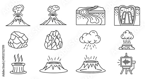 Collection of Simple Landscape and Volcano Sketches in Black Line Drawings.