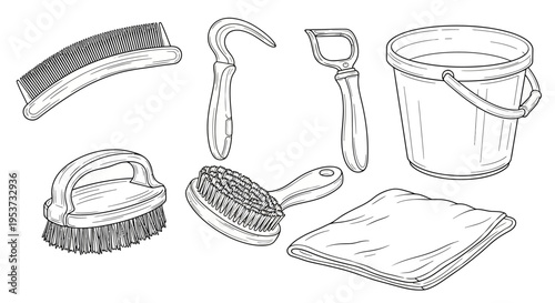 Editorial sketch of household cleaning tools and supplies used for routine home care.