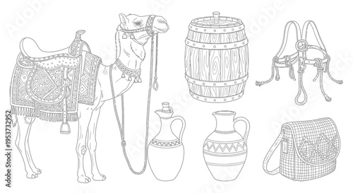 Desert scene with camels, traditional saddles, and pottery vessels depicting a cultural desert lifestyle.