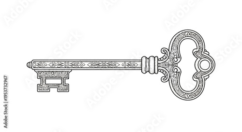 Antique ornate key with intricate skeleton bow and vintage bit, decorative metalwork for historic lock designs.