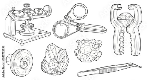 Set of line art tools and gemstones for jewelry making illustrations.