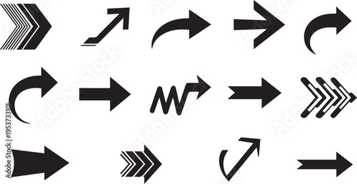 A collection of various black and white arrow icons on a plain white background for navigation and direction