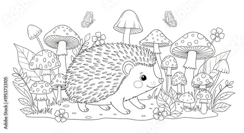 Line Art Illustration of a Hedgehog in a Forest with Mushrooms.