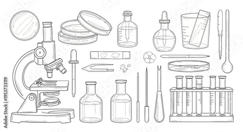 Comprehensive laboratory workspace with microscopy and glassware equipment for scientific study and analysis.
