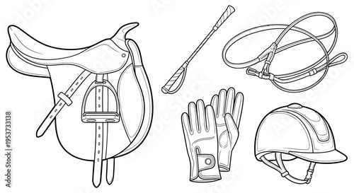Set of equestrian riding equipment including saddle, bridle, helmet, gloves, whip and reins for horse riding activity.