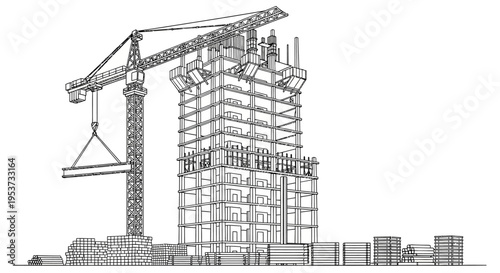 Construction under way with a tower crane beside a high-rise building under development and scaffolding for modernization.