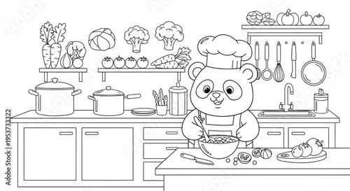 Cartoon panda chef cooking in a busy kitchen with pots and utensils.