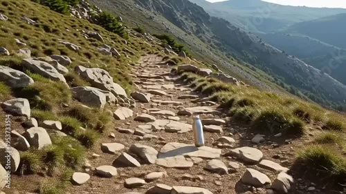 Dog on rocky mountain hiking trail.
